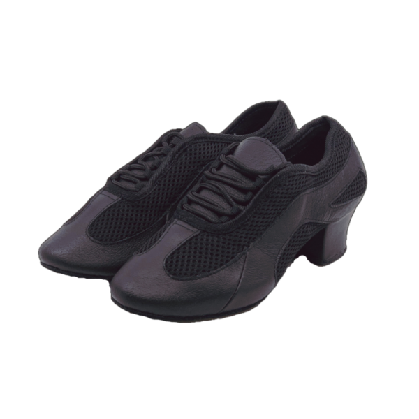 S902 - Ladies Black Leather and Mesh Split-sole Low Cuban Heel Practice Dance Shoes