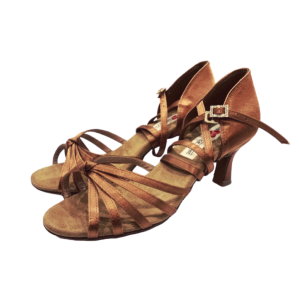 S27BT - Ladies Tan High Performance Dance Sandal in Tan Satin with Diamante Buckle Finish