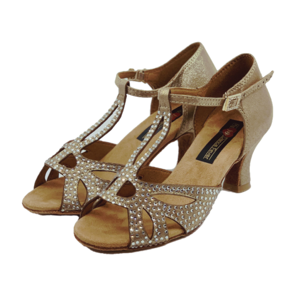 S203G - Ladies Tan Rhinestone T-Bar Peep Toe Dance Sandal