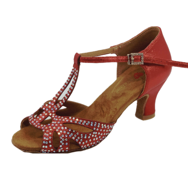 S203R - Ladies Red Rhinestone T-Bar Peep Toe Dance Sandal