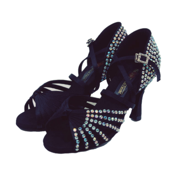 S125BC - Ladies High Performance Dance Sandal in Black Satin with Rhinestones