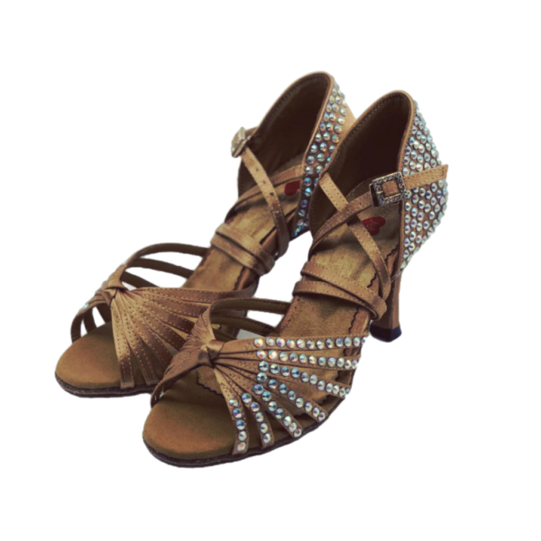 S125TC - Ladies High Performance Dance Sandal in Tan Satin with Rhinestones