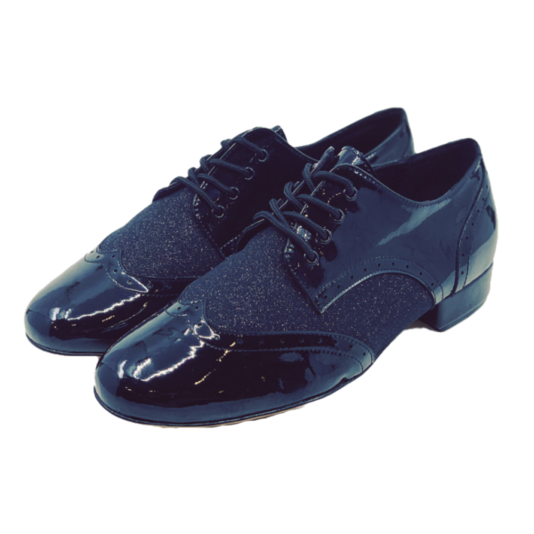 7811B - Gentlemen's Black Leather and Black Ultra Fine Glitter Lace Up Dance Shoes