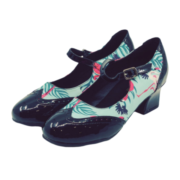 2081F- Ladies Vintage Inspired Leather Dance Shoes in Exclusive Flamingo Pattern