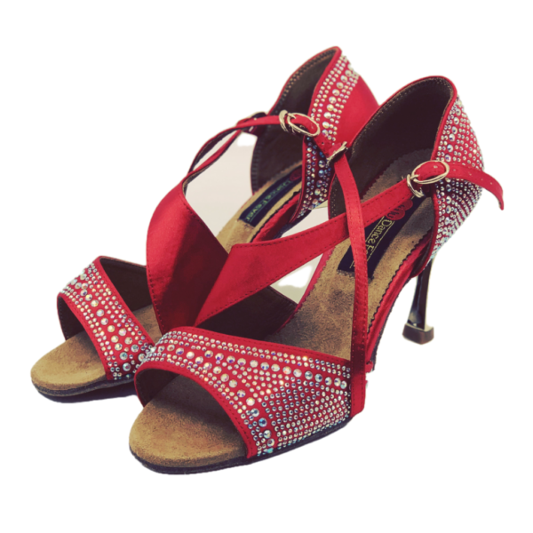 S7172R - Ladies High Performance Dance Sandals in Red Satin with Gem Stones