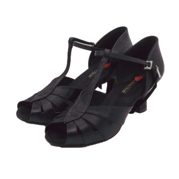 S230B - Ladies Peep Toe Satin T-Bar Dance Sandals in Black