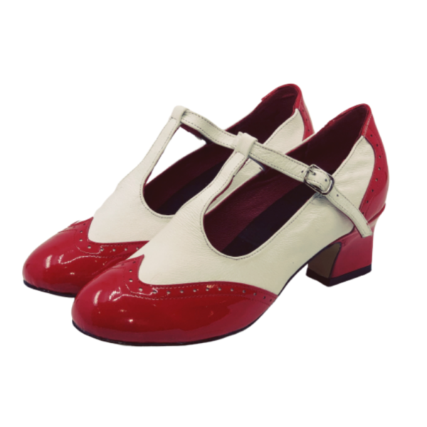 2082RW - Ladies Close Toe T-Bar Leather Dance Shoes in Red and White