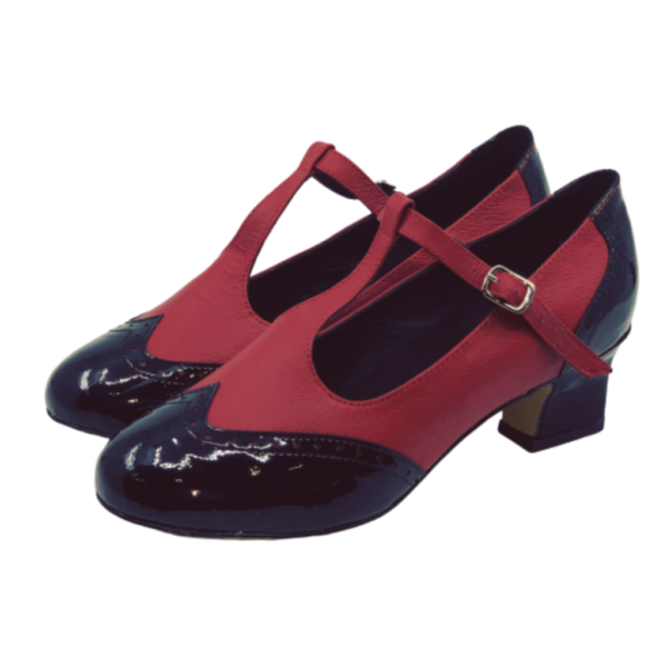 2082BR - Ladies Vintage Inspired T-Bar Leather Dance Shoes in Black and Red