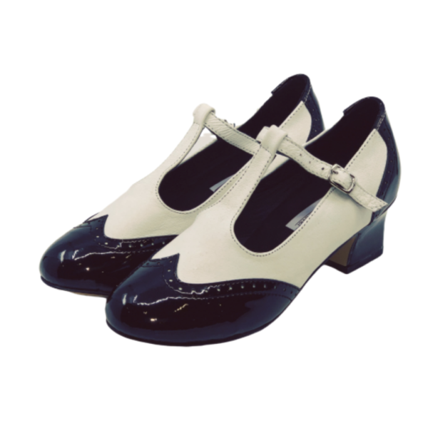 2082BW - Ladies Close Toe T-Bar Leather Dance Shoes in Black and White